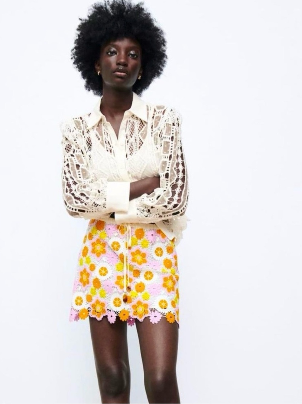 Zara Pink and Yellow Floral Crochet Mini Skirt Wednesday